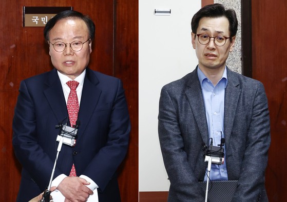 김문수 국민의힘 대통령 후보 대리인인 김재원 비서실장(왼쪽)과 한덕수 무소속 대선 예비후보 대리인인 손영택 전 국무총리 비서실장이 9일 서울 여의도 국회에서 열린 단일화 협상 관련 회동을 마치고 각각 브리핑을 하고 