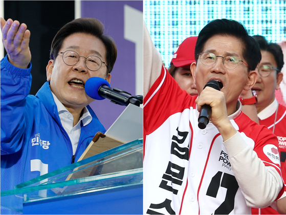 제21대 대통령 선출을 위한 공식 선거운동이 시작된 12일 더불어민주당 이재명 대선 후보(왼쪽)가 대전 으능정이거리 스카이로드에서, 국민의힘 김문수 대선 후보가 대구 서문시장에서 지지를 호소하는 연설을 하고 있다. 