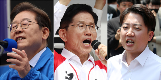 제21대 대통령 선출을 위한 공식 선거운동 이틀째인 13일 더불어민주당 이재명 대선 후보(사진 왼쪽부터)가 대구광역시 동성로 거리에서, 국민의힘 김문수 대선 후보가 울산 남구 신정시장에서, 개혁신당 이준석 대선 후보