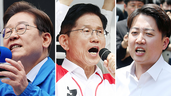  제21대 대통령 선출을 위한 공식 선거운동 이틀째인 13일 더불어민주당 이재명 대선 후보(사진 왼쪽부터)가 대구광역시 동성로 거리에서, 국민의힘 김문수 대선 후보가 울산 남구 신정시장에서, 개혁신당 이준석 대선 후