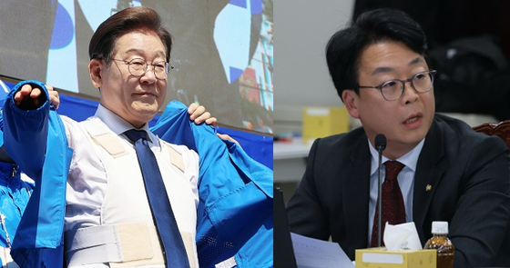 지난 12일 서울 광화문 청계광장에서 열린 중앙선대위 출정식 및 첫 유세에서 방탄복 위에 선대위 점퍼를 입고 있는 이재명 더불어민주당 대선 후보(왼쪽), 곽규택 국민의힘 의원(오른쪽). 연합뉴스