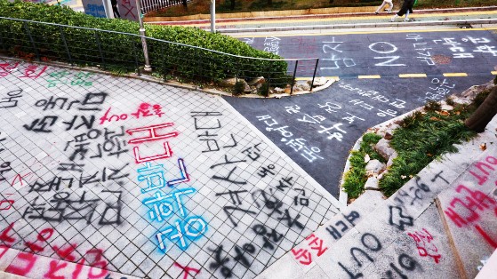 지난해 11월 서울 성북구 동덕여자대학교에 학생들이 학교 측의 남녀공학 전환 논의를 규탄하며 래커 스프레이로 항의 문구를 적은 모습. 뉴시스