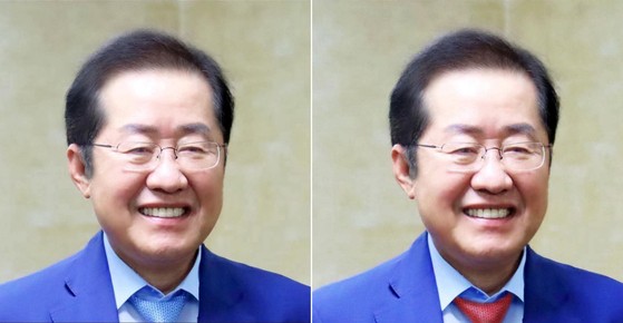 홍준표 전 대구시장이 19일 페이스북 커버사진을 파란 넥타이를 착용한 사진(왼쪽)으로 게시했다가 4시간 뒤 빨간 넥타이 사진으로 변경했다. 사진 홍준표 페이스북 캡처