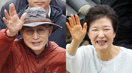 제21대 대통령선거를 하루 앞둔 2일 이명박·박근혜 전 대통령이 나란히 공개 행보에 나섰다.   사진은 서울시장 재임 시절 복원한 청계천을 찾은 이명박 전 대통령과 부산 금정구 범어사를 방문한 박근혜 전 대통령. 뉴