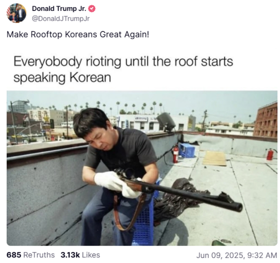 도널드 트럼프 주니어는 9일 트루스소셜에 "루프탑 코리안을 다시 위대하게!(Make Rooftop Koreans Great Again!)"이라는 글과 함께 사진 한 장을 올렸다. 트루스소셜 