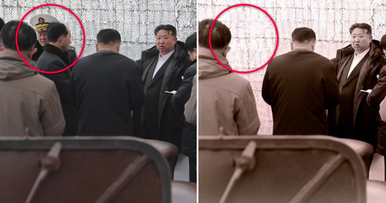 지난 3월 조선중앙tv가 보도한 장면(왼쪽) 과 지난 13일 조선중앙tv가 보도한 장면(오른쪽) 에서 김명식 해군사령관과 홍길호 청진조선소장의 모습이 사라진 사실이 비교된다. 사진 NK뉴스 홈페이지 캡처