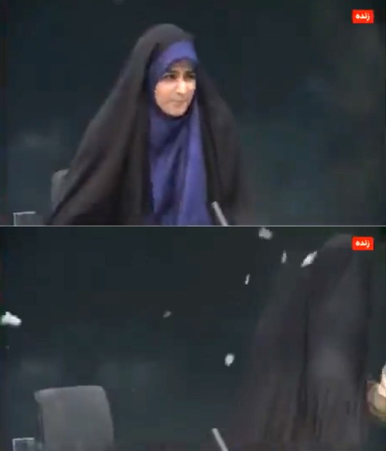 16일(현지시간) 이스라엘의 공습 당시 IRIB 스튜디오에서 여성 앵커가 생방송 진행 중 대피하는 모습. 사진 엑스 캡처