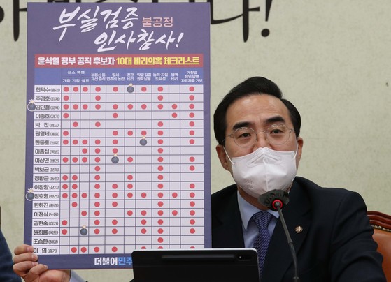 2022년 4월 29일 박홍근 당시 더불어민주당 원내대표가 윤석열 정부 공직 후보자 의혹을 정리한 손피켓을 들고 발언하고 있다. 뉴스1 