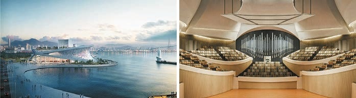 부산 오페라하우스 조감도(왼쪽)와 부산콘서트홀의 파이프 오르간.  [사진 부산시]