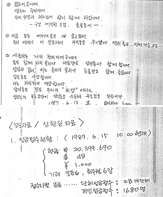 1987년 6월 명동성당에서 농성 중인 이들에게 보낸 시민들의 응원 문구(위 사진)와 후원품 목록(아래). [사진 민주화운동기념사업회]