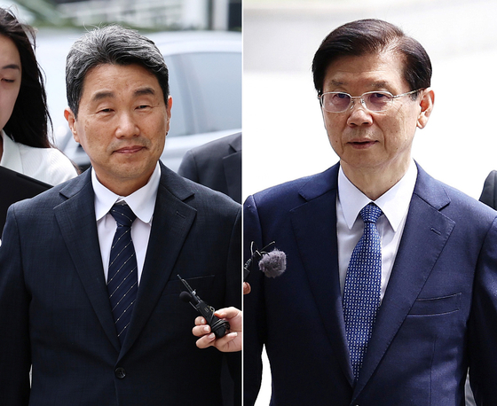 이주호 교육부 장관(왼쪽)과 박종준 전 경호처장이 4일 오후 서울 서초구 서울고등검찰청에 마련된 내란특검에 출석하고 있다. 뉴스1