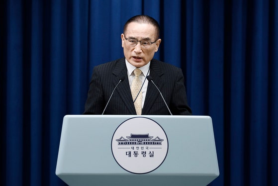 위성락 국가안보실장이 9일 서울 용산 대통령실에서 방미 결과를 브리핑하고 있다. [뉴시스]