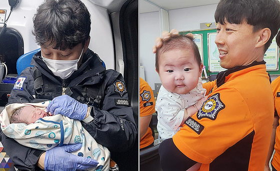 지난 4월1일 경남 산청군 시천면 한 주택에서 태어난 아기가 산청소방서 소속 김하원 소방장의 품에 안겨 병원으로 이송되고 있는 모습(왼쪽), 11일 약 100일 만에 다시 만난 아기와 김 소방장.(오른쪽). 사진 경