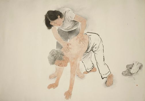 시어머니와 며느리의 훈훈한 정을 그리워한 김호석 화백의 수묵화 '바람 목욕'. [사진 김호석]