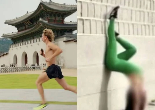 경복궁에서 상의를 탈의 한 채 러닝하는 외국인(왼쪽)과 틱톡에 올라온 베트남 여성의 요가 장면. SNS 캡처