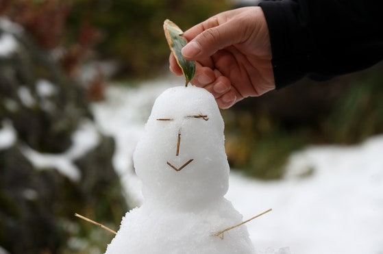 제주 한라산 1100고지에서 한 관광객이 눈사람을 만들고 있다.뉴시스