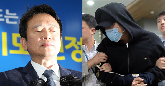 2017년 9월 마약 투약 혐의로 체포된 주성씨(오른쪽),그 직후 기자회견을 열고 "저의 불찰”이라고 밝힌 남경필 당시 경기도지사.연합뉴스