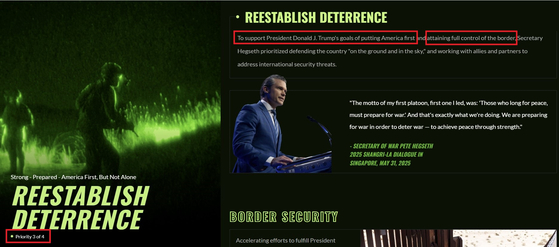 미 국방부가 29일(현지시간) 공개한 2025년 성과 보고서.미 국방부는 '억지력 재확립' 분야를 3번째 우선순위(붉은색 박스)로 제시하며,억지력 제확립의 목표를 "트럼프의 미국 우선주의와 완전한 국경 통제 지원