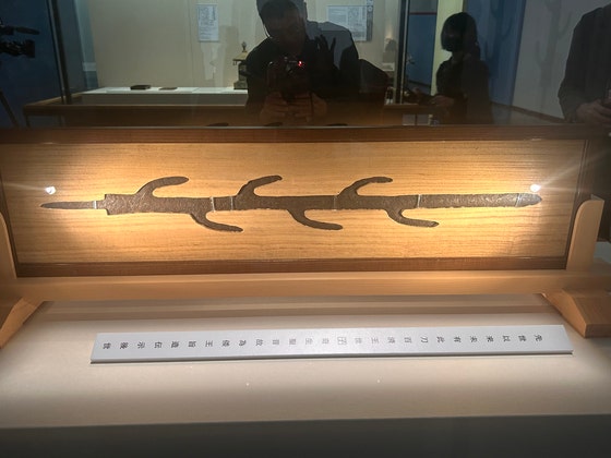 일본 나라(奈良)현 나라국립박물관 130주년 특별전 '초국보-영원의 아름다움'(6월15일까지)에 나들이한 국보 칠지도(七支刀).몸체를 중심으로 가지 6개가 좌우로 뻗은 형태의 74.9㎝ 길이 철제 검으로 나라현 이