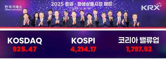 올해 마지막 거래일인 30일 정은보 한국거래소 이사장(정가운데)이 임원들과 함께 한국거래소 부산 본사에서 '2025년 증권·파생상품시장 폐장식'을 개최하고,종가 지수를 바탕으로 단체 기념촬영을 하고 있다.사진 한