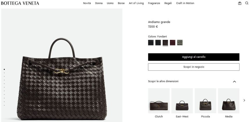 이탈리아의 보테가 베네타 온라인 사이트 내 안디아모 그란데 가방 개요.사진 보테가 베네타 공홈 캡처