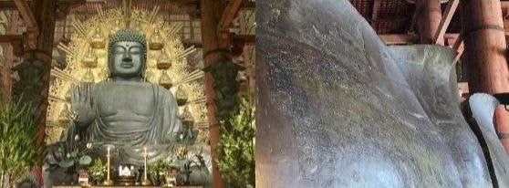 도다이지 청동 대불(왼쪽)과 하단 연꽃잎에 그려진 조각(오른쪽)
