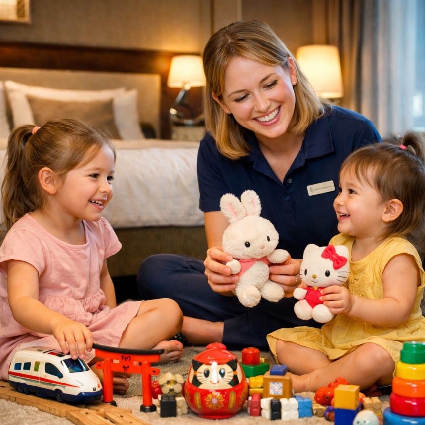 호텔에서 베이비시터와 놀고 있는 아이들의 모습.사진 챗gpt