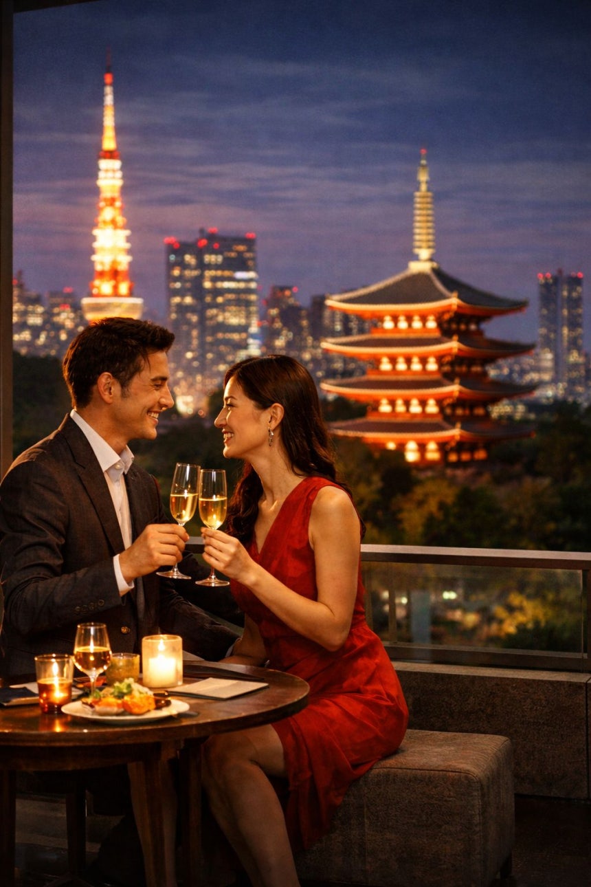 아이들을 영어가 가능한 베이비시터에게 맡기고 일본 도쿄에서 로맨틱한 데이트를 즐기고 있는 외국인 관광객 부부의 모습.사진 챗gpt