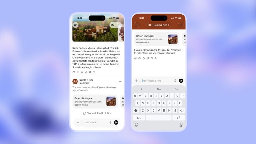 챗GPT 광고 예시 화면.미국 뉴멕시코주 산타페 여행에 관한 대화 아래 별장 광고가 표시되고 있다.(왼쪽)이 별장에 대해 추가로 대화를 이어갈 수 있는 화면도 추가될 예정이다.(오른쪽) 사진 오픈AI