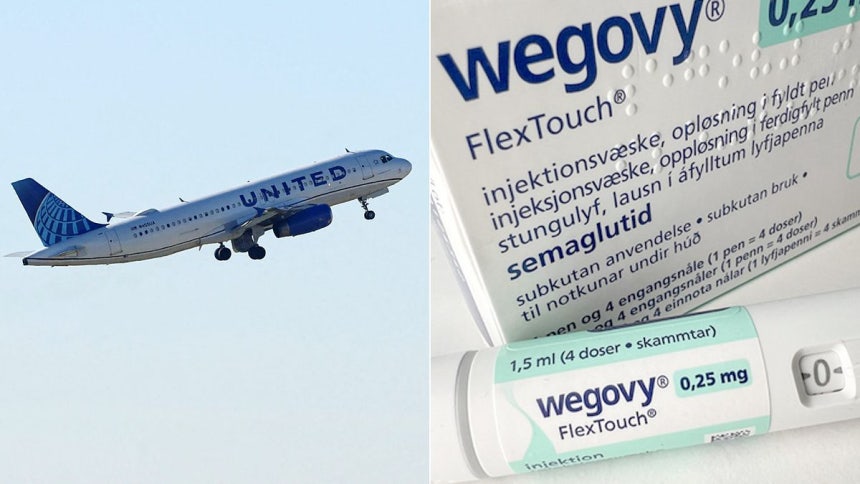 지난해 11월 7일(현지시간) 미국 일리노이주 시카고 오헤어 국제공항에서 유나이티드 항공 여객기가 이륙하고 있는 모습.오른쪽 사진은 비만치료제‘위고비.AFP=연합뉴스 