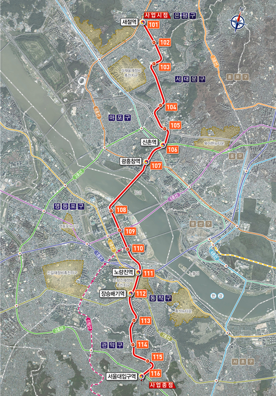 서울 은평구 새절역부터 관악구 서울대입구역까지 총연장 15.6㎞ 경전철 사업인 서부선 노선도. [사진 서울시]