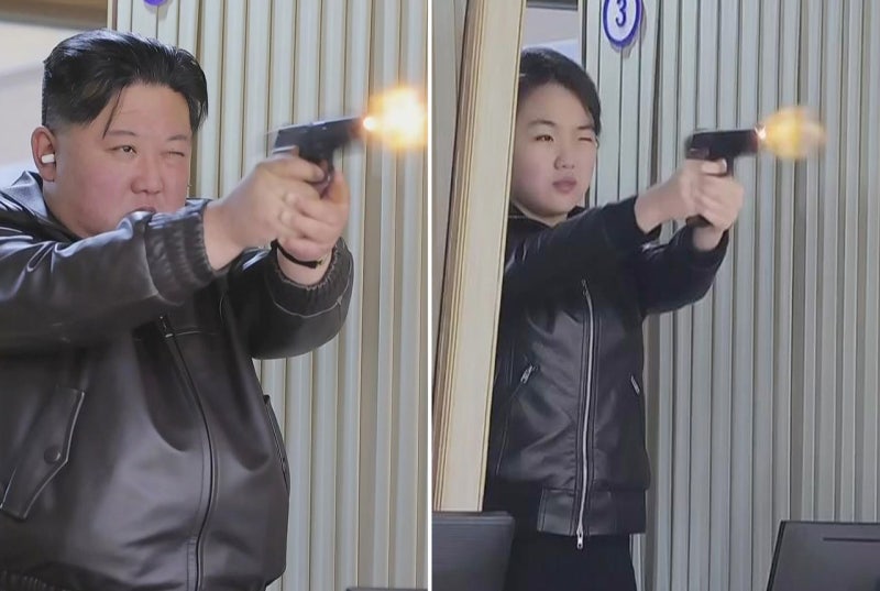[사진] 신형 권총 쏘는 김정은과 주애
