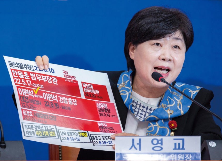 국회 ‘윤석열 정권 정치검찰 조작 기소 의혹 사건 진상규명’ 국정조사특별위원회 위원장인 서영교 더불어민주당 의원이 4월 13일 국회에서 열린 중간보고회에서 윤석열 정부 검찰 관련 인사와 사건들의 관계성을 담은 자료를