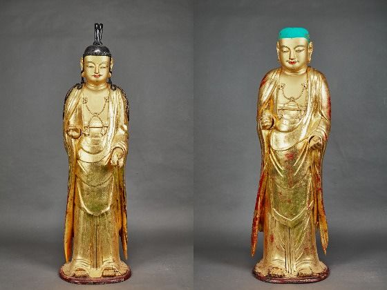 국가유산청이 30일 국가지정 문화유산 보물로 지정 예고한‘완주 위봉사 목조관음보살입상(왼쪽) 및 지장보살입상.사진 국가유산청