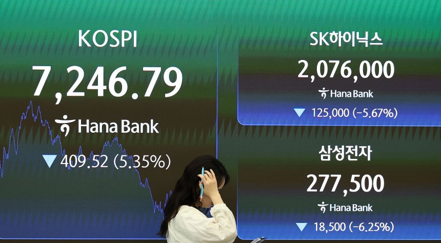 8일 코스피는 전일 대비 5.35%,삼성전자는 6.25%,SK하이닉스는 5.67% 각각 내려 이틀 연속 급락세를 보였다.우상조 기자