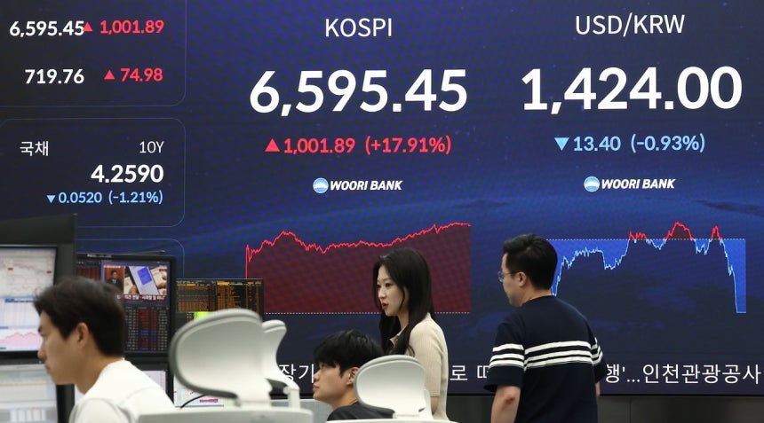 코스피가 폭등하며 역대 최대 상승세를 보인 31일 오후 서울 중구 우리은행 본점 딜링룸 전광판에 코스피 종가가 나오고 있다.이날 코스피는 전날보다 1001.89포인트(17.91%) 오른 6595.45로 장을 마감하