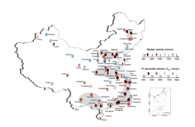 지반침하를 겪고 있는 중국 도시들. 출처 사이언스
