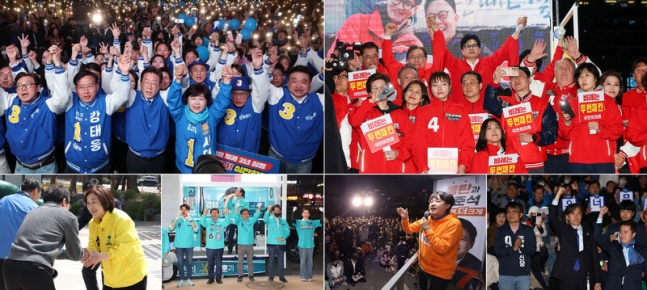 제22대 국회의원선거를 하루 앞둔 지난 9일 여야 각 당 대표와 후보자들이 마지막 집중 유세를 펼치고 있다. 연합뉴스