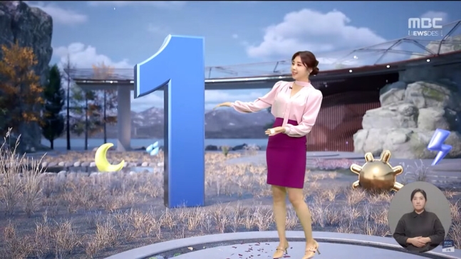 지난 2월27일 문화방송(MBC) ‘뉴스데스크’ 날씨 코너에서 최아리 기상캐스터가 이날 서울의 미세먼지 수치가 1까지 떨어졌다고 설명하고 있다. 이 방송은 선거방송심의위에서 ‘관계자 징계’를 받았다. 미세먼지 수치는