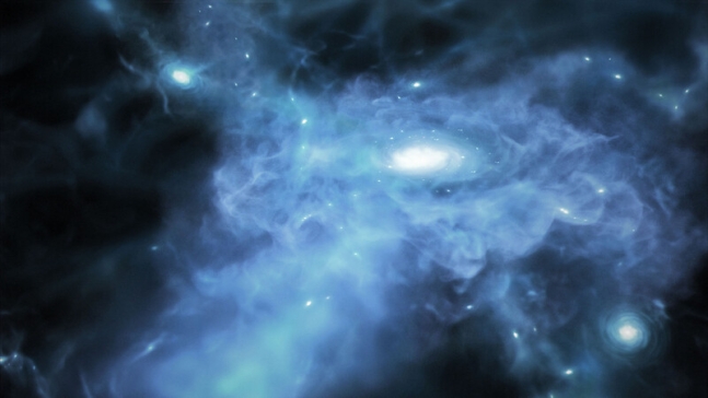 빅뱅 수억년 후 우주에서 3개의 은하가 형성되고 있는 모습을 묘사한 그림. 나사 제공