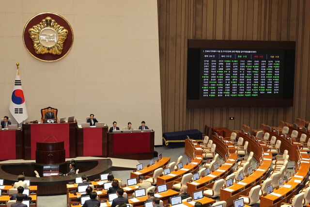 28일 오후 국회에서 열린 본회의에서 전세사기특별법 개정안이 여당 의원들이 불참한 가운데 야당 단독으로 처리되고 있다. 연합뉴스
