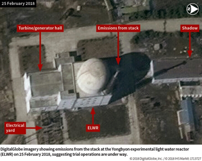 정보제공업체 아이에이치에스(IHS) 마킷이 2018년 3월 공개한 북한 평안북도 영변 핵시설 내 실험용 경수로(LWR) 모습. 아이에이치에스(IHS) 마킷 연합뉴스