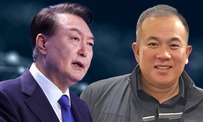내란죄 피의자 윤석열 대통령과 명태균씨. 한겨레 자료사진.