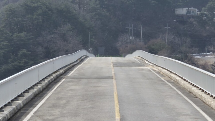 중앙 부분이 뱀처럼 휜 청풍교. 오윤주 기자