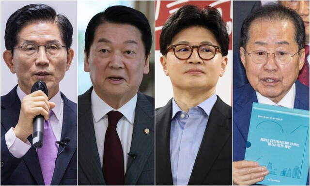 제21대 대통령 선거 국민의힘 경선 후보들이 2차 경선 투표 마지막날인 28일 표심 굳히기에 나섰다. 사진 왼쪽부터 김문수·안철수·한동훈·홍준표 후보. 연합뉴스