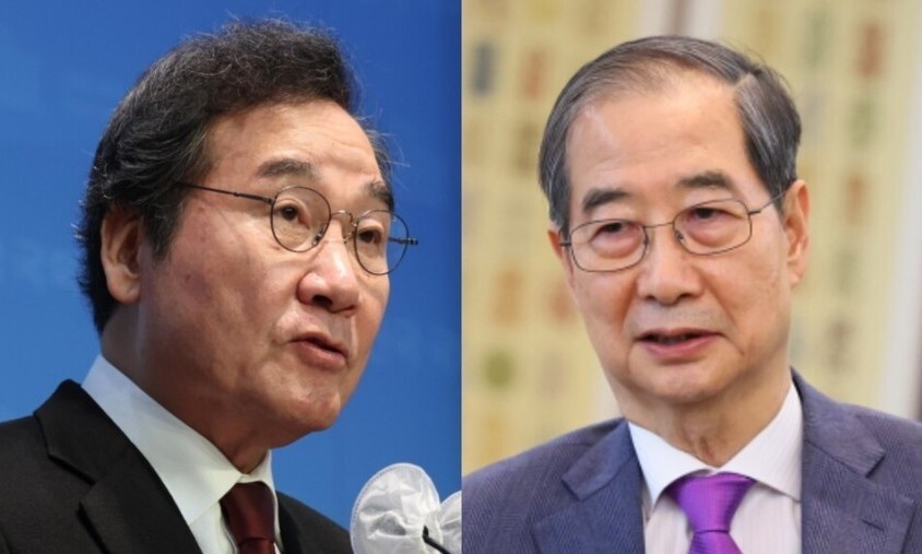 이낙연 새미래민주당 상임고문(왼쪽)과 무소속으로 대선 출마를 선언한 한덕수 후보. 김봉규 선임기자 bong9@hani.co.kr, 국무총리실 제공