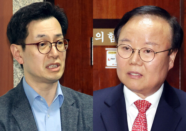 한덕수 무소속 대통령 후보 쪽 손영택 비서실장(왼쪽)과 김문수 국민의힘 후보 쪽 김재원 비서실장(오른쪽)이 9일 서울 여의도 국회에서 재개된 세번째 단일화 협상 뒤 기자들의 질문에 답하고 있다. 김경호 선임기자 ji
