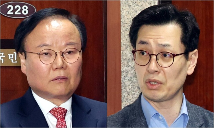 김문수 국민의힘 후보 쪽 김재원 비서실장(왼쪽)과 한덕수 무소속 대통령 후보 쪽 손영택 비서실장이 9일 서울 여의도 국회에서 재개된 세번째 단일화 협상 뒤 기자들의 질문에 답하고 있다. 김경호 선임기자 jijae@h