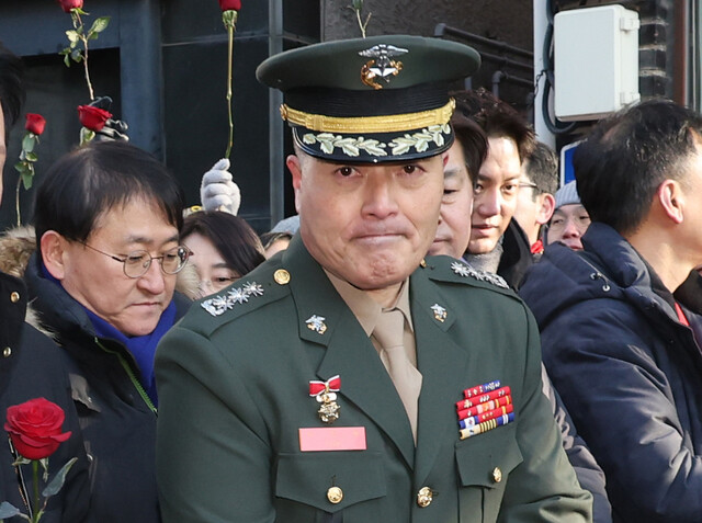 해병대 채아무개 상병 순직 사건과 관련해 항명과 상관명예훼손 혐의로 기소된 박정훈 전 해병대 수사단장이 지난 1월9일 오전 서울 용산구 국방부 군사법원에서 열린 1심선고공판에 출석하고 있다. 신소영 기자 viator