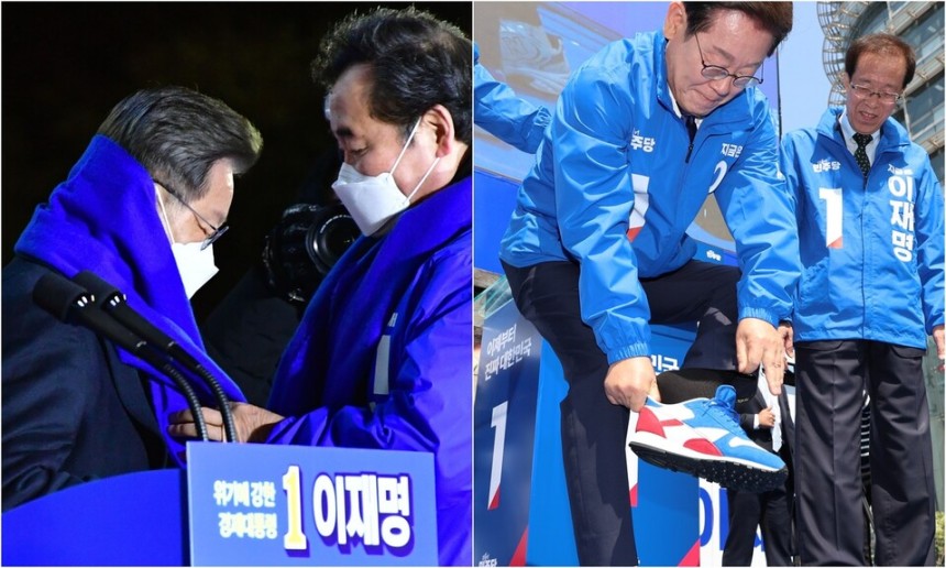 2022년 2월15일 서울 고속버스터미널에서 열린 이재명 더불어민주당 대통령 후보 합동유세에서 이낙연 총괄선대위원장이 이 후보에게 파란색 목도리를 전달하고 있다. 김봉규 선임 기자 bong9@hani.co.kr(왼쪽